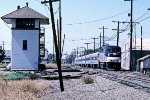 Amtrak eastbound San Joaquin train with CDTX #2003 at Stockton tower.